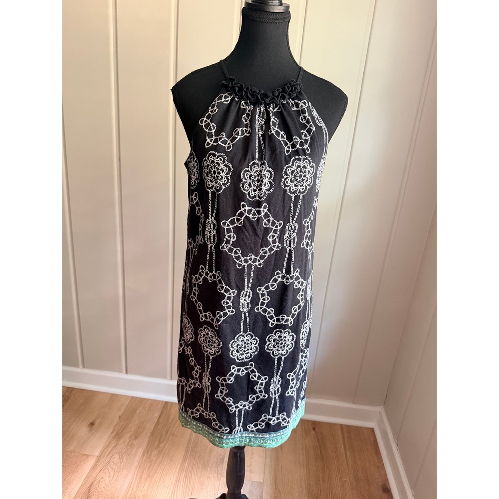 London Times Black Halter Dress Embroidered Boho Resortwear 6 2010s Mini Dress